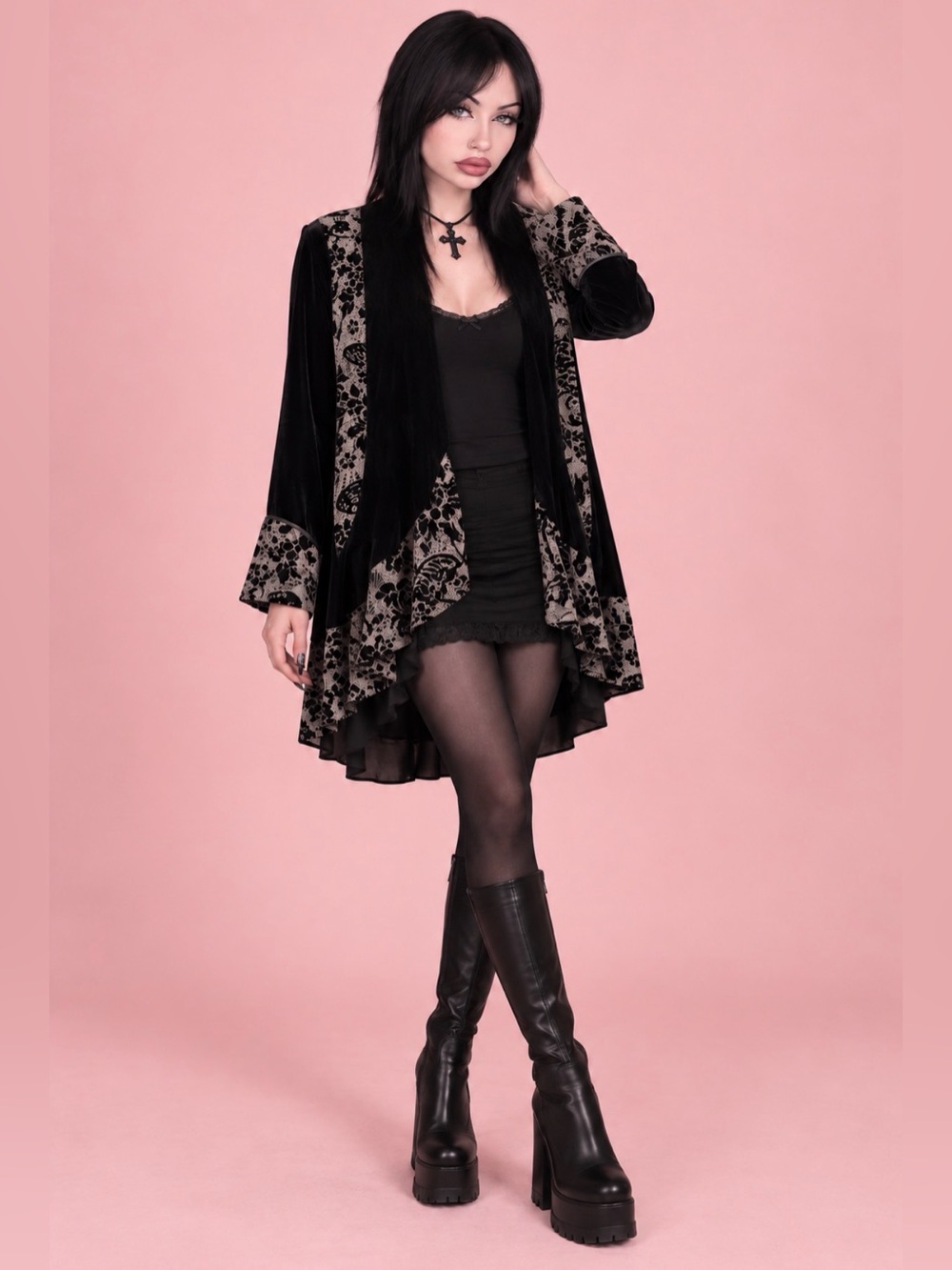 Anio.A black velvet waterfall jacket